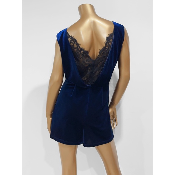 Topshop Navy Blue Velvet Black Lace Open Back Romper Size 10 - Picture 7 of 9